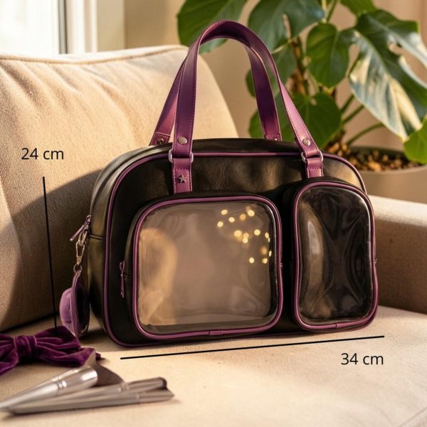 Black Kawaii Convertible Ita Bag with Clear Window for Pin Display — ita bag detail view