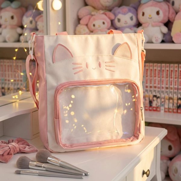 Black Kawaii Convertible Ita Bag with Clear Window for Pin Display — ita bag detail view