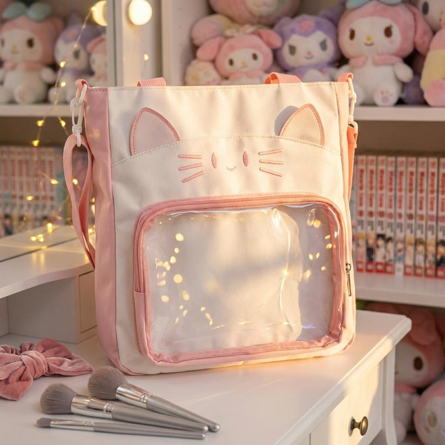 Black Kawaii Convertible Ita Bag with Clear Window for Pin Display Black Kawaii Convertible Ita Bag with Clear Window for Pin Display — ita bag detail view