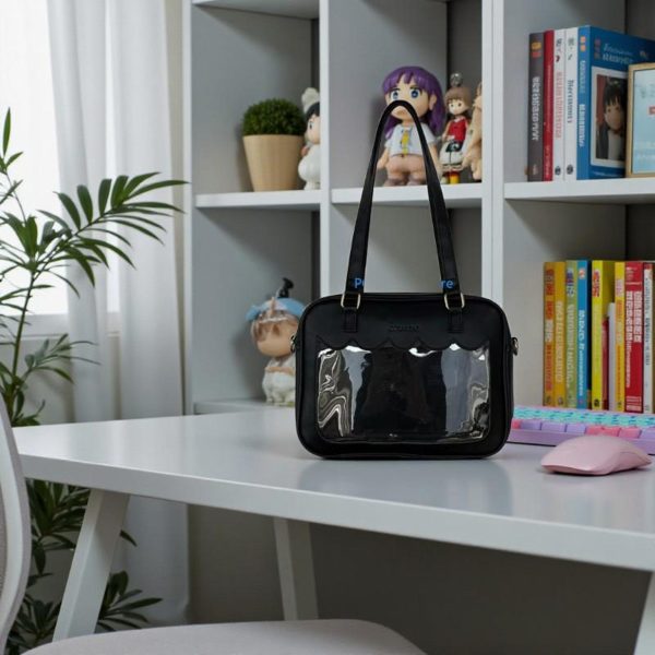 Black Kawaii Convertible Ita Bag with Clear Window for Pin Display — ita bag detail view