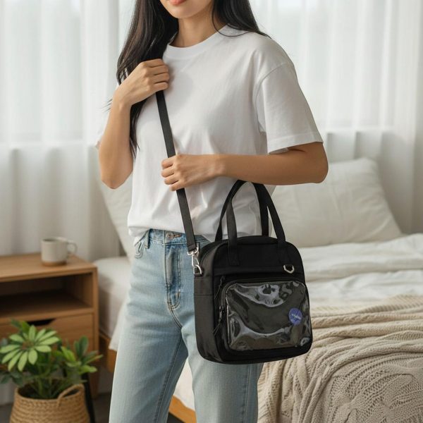 Black Kawaii Convertible Ita Bag with Clear Window for Pin Display — ita bag detail view