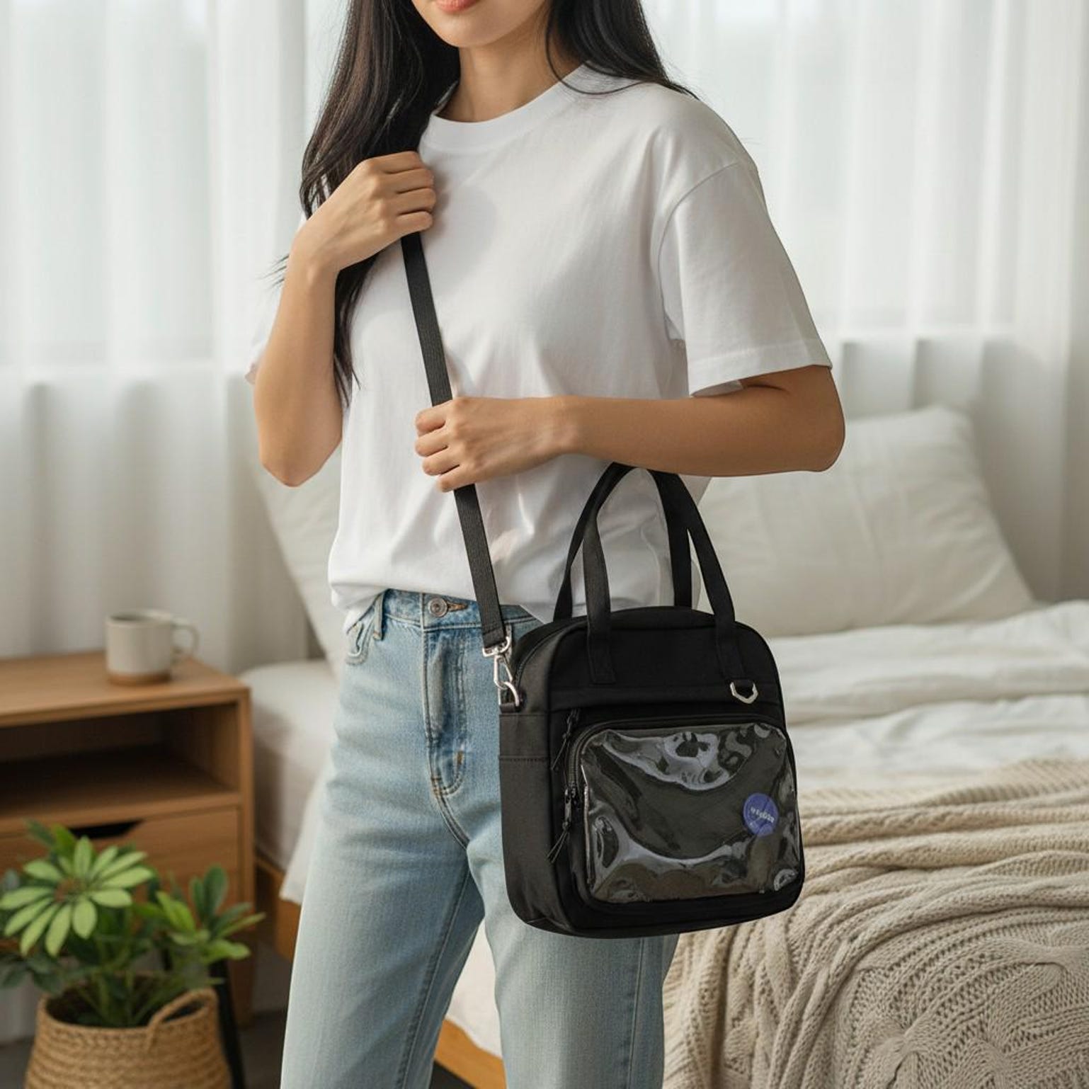 Black Kawaii Convertible Ita Bag with Clear Window for Pin Display Black Kawaii Convertible Ita Bag with Clear Window for Pin Display — ita bag detail view