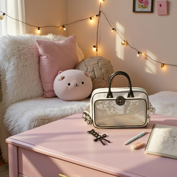 Black Kawaii Convertible Ita Bag with Clear Window for Pin Display — ita bag detail view