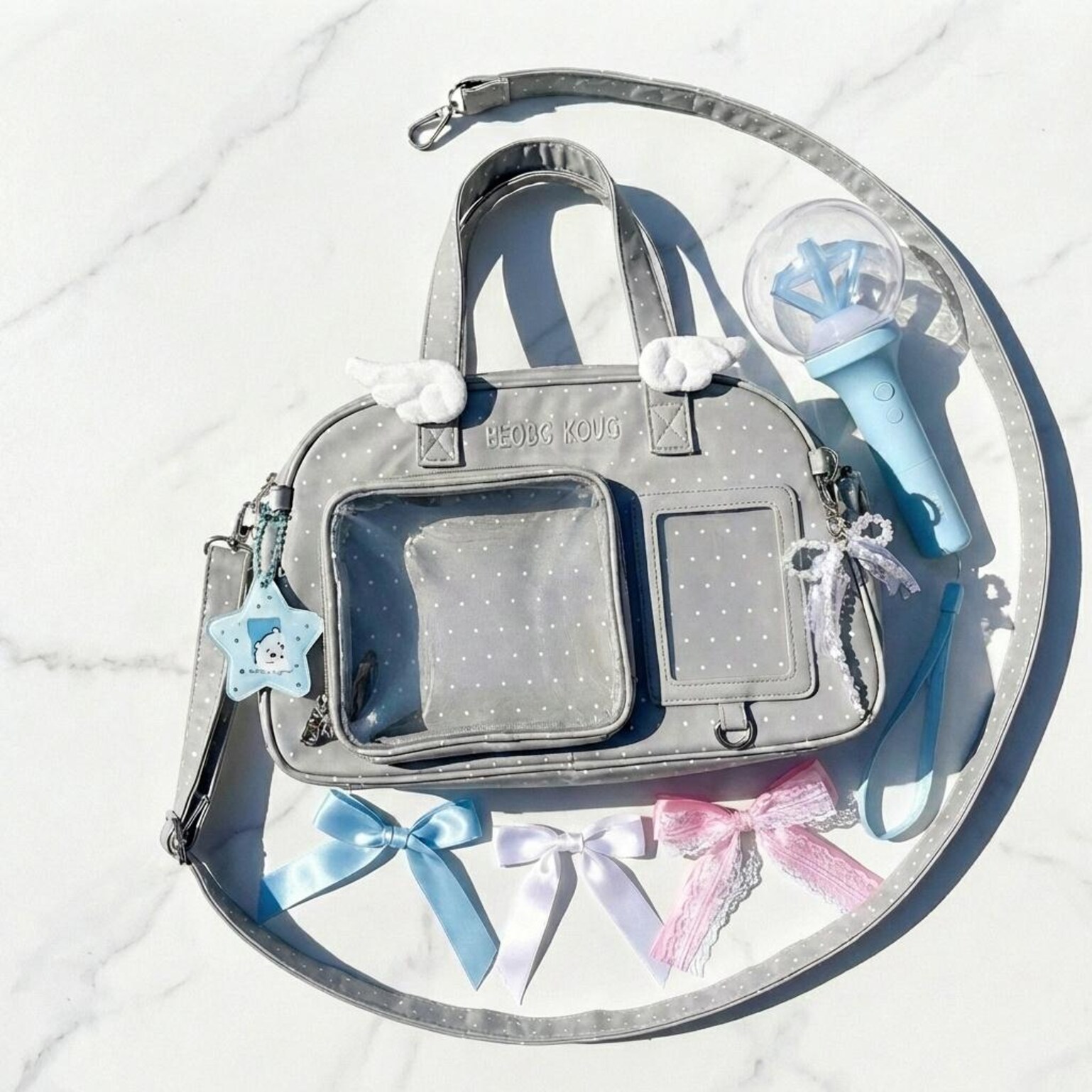Black Kawaii Convertible Ita Bag with Clear Window for Pin Display Black Kawaii Convertible Ita Bag with Clear Window for Pin Display — ita bag detail view