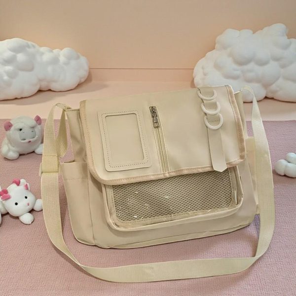Black Kawaii Convertible Ita Bag with Clear Window for Pin Display — ita bag detail view