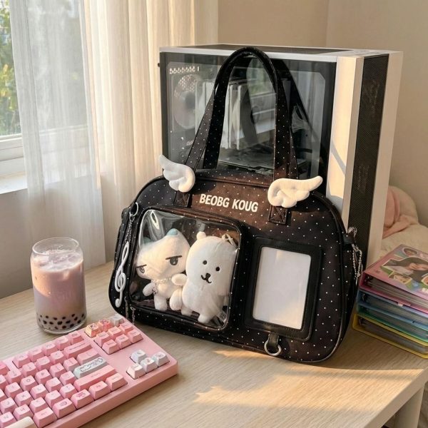 Black Kawaii Convertible Ita Bag with Clear Window for Pin Display — ita bag detail view