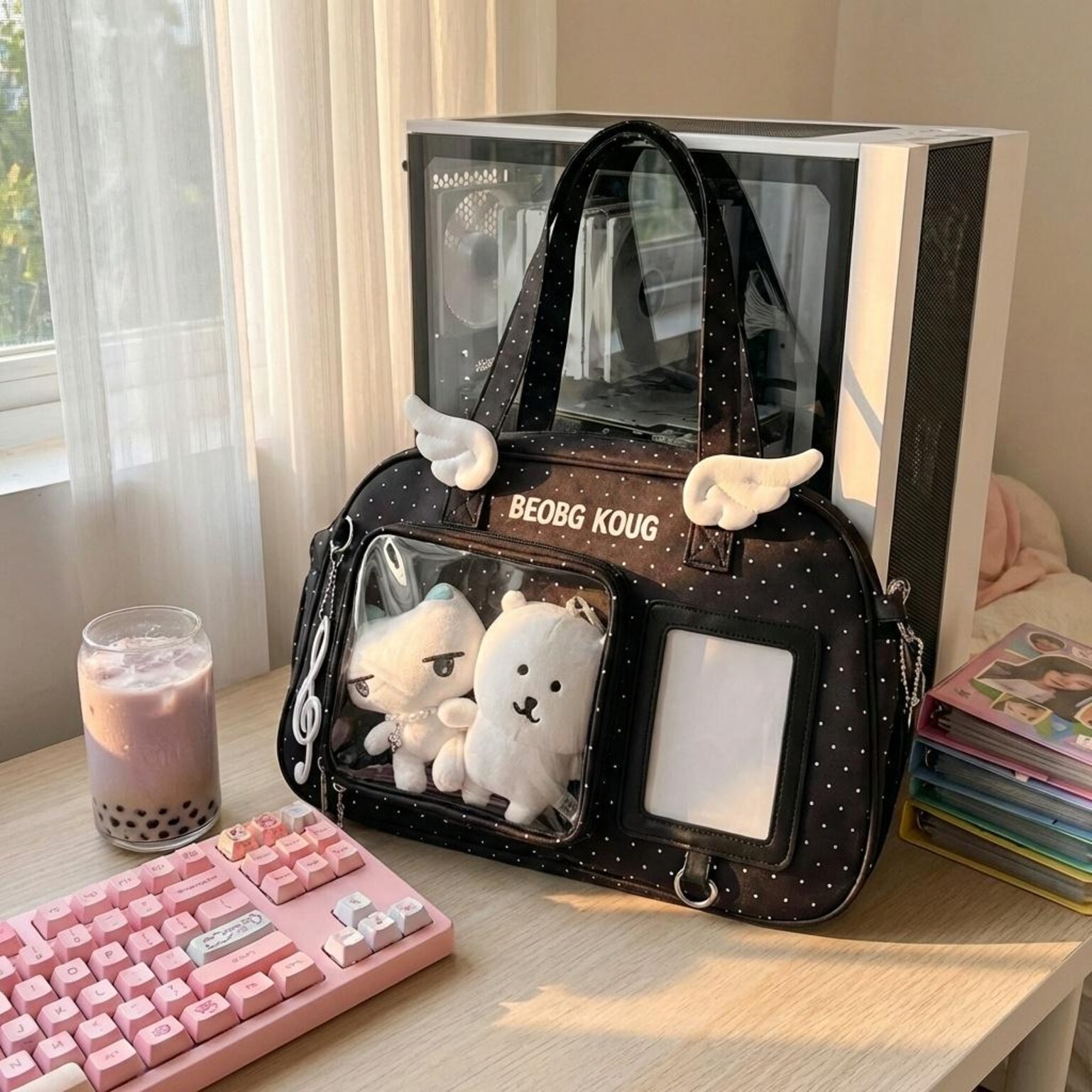 Black Kawaii Convertible Ita Bag with Clear Window for Pin Display Black Kawaii Convertible Ita Bag with Clear Window for Pin Display — ita bag detail view