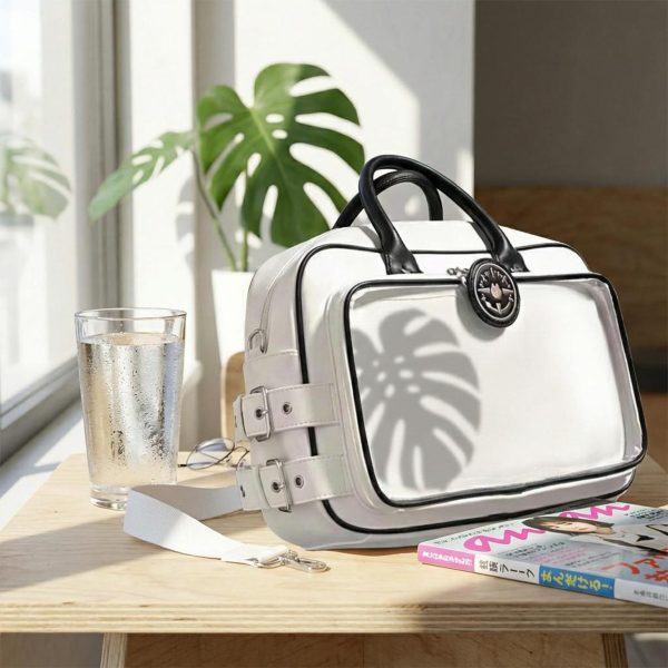 Black Kawaii Convertible Ita Bag with Clear Window for Pin Display — ita bag detail view