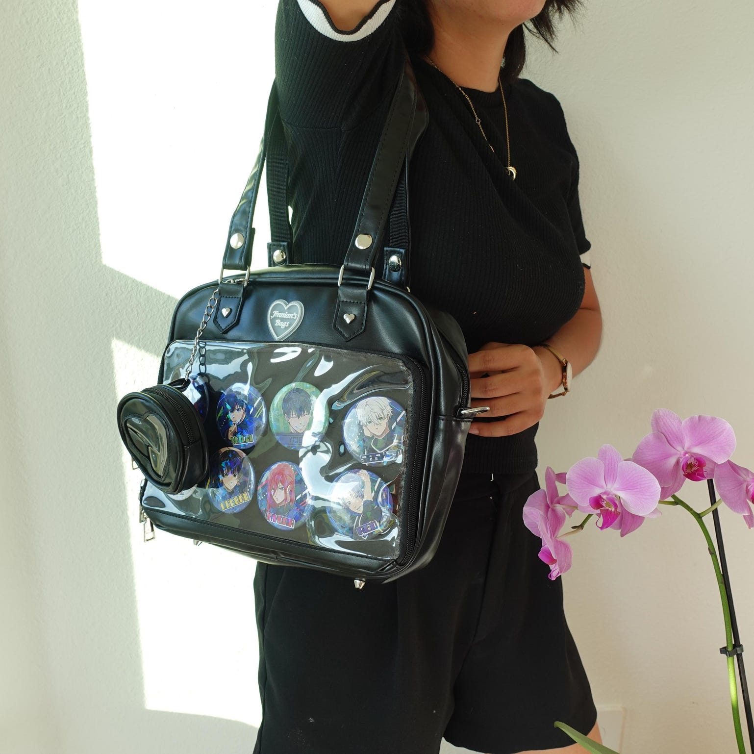Black Kawaii Convertible Ita Bag with Clear Window for Pin Display Black Kawaii Convertible Ita Bag with Clear Window for Pin Display — ita bag detail view