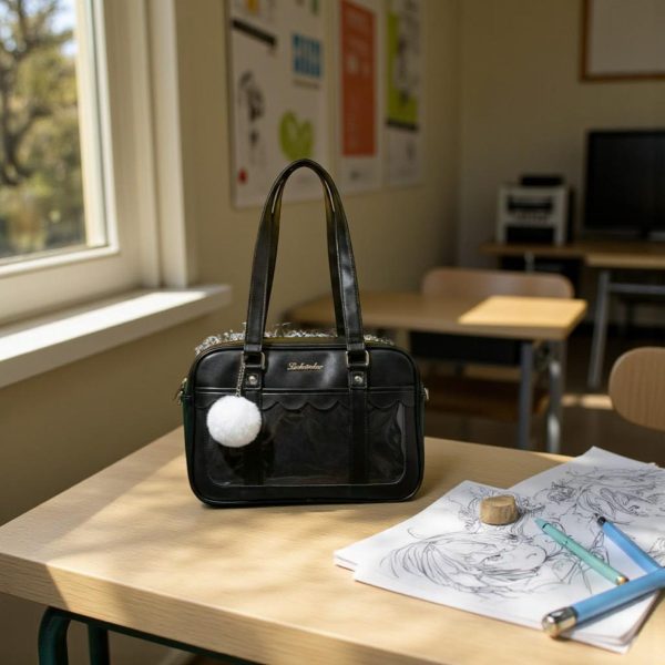Black Kawaii Convertible Ita Bag with Clear Window for Pin Display — ita bag detail view