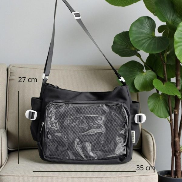 Black Kawaii Convertible Ita Bag with Clear Window for Pin Display — ita bag detail view