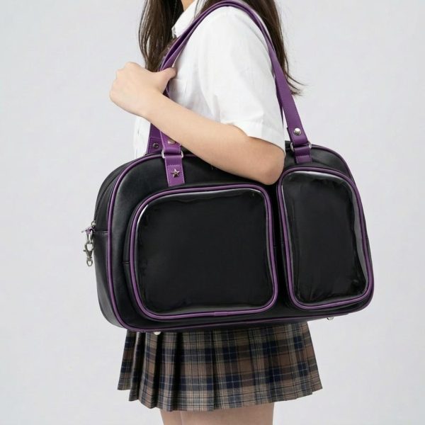Black Kawaii Convertible Ita Bag with Clear Window for Pin Display — ita bag with clear display window