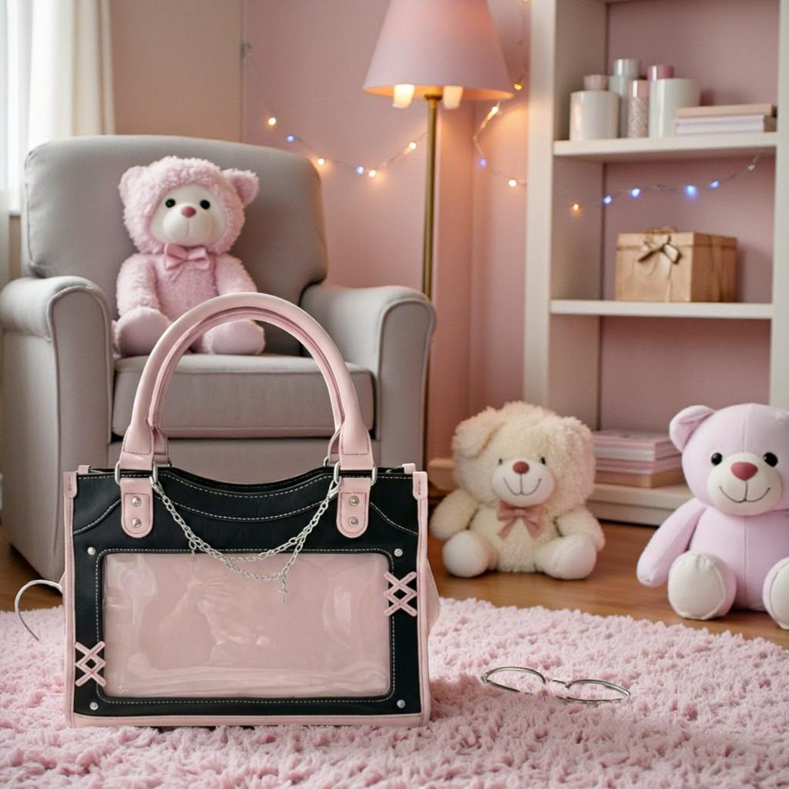 Black Kawaii Convertible Ita Bag with Clear Window for Pin Display Black Kawaii Convertible Ita Bag with Clear Window for Pin Display — ita bag detail view