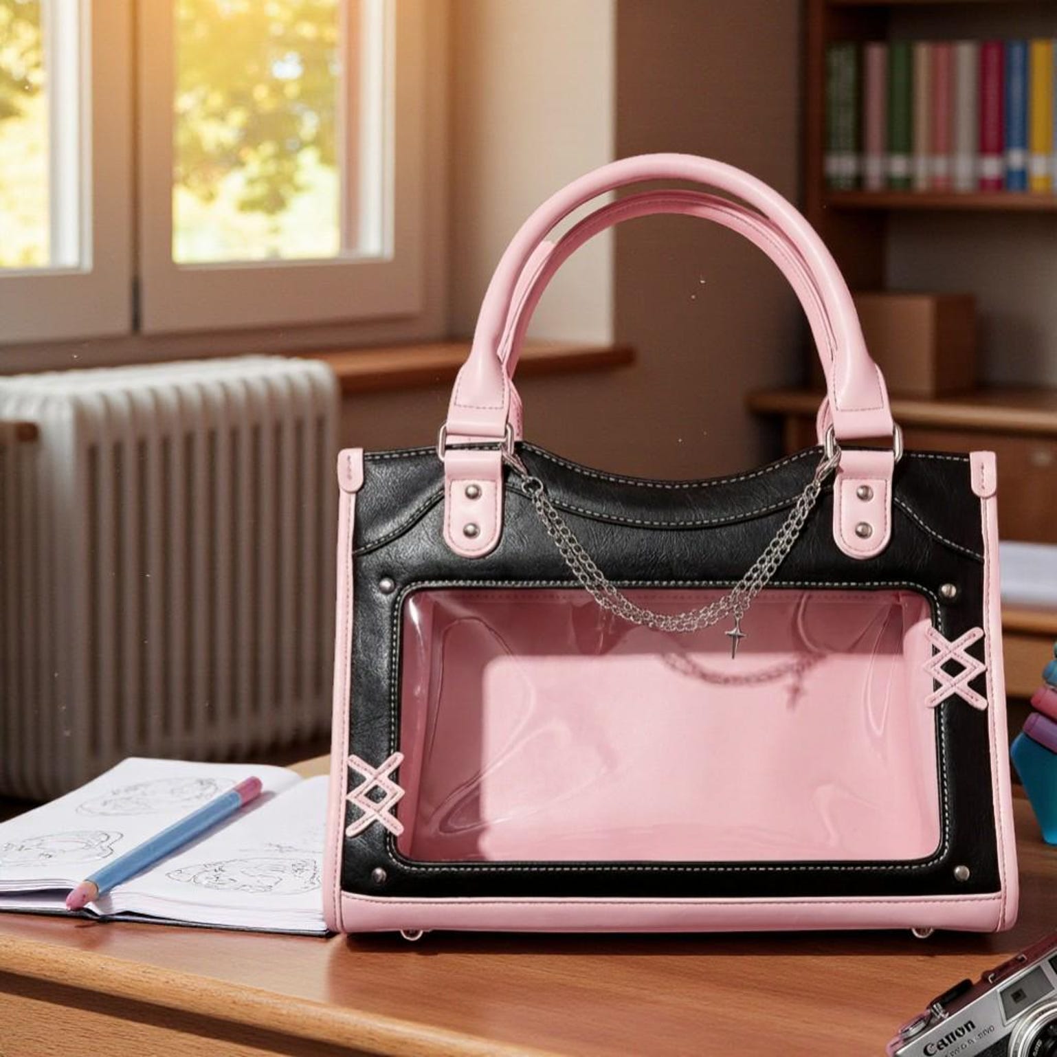 Black Kawaii Convertible Ita Bag with Clear Window for Pin Display Black Kawaii Convertible Ita Bag with Clear Window for Pin Display — ita bag detail view
