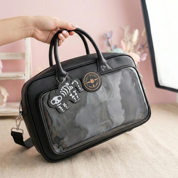 Black Kawaii Convertible Ita Bag with Clear Window for Pin Display — ita bag detail view