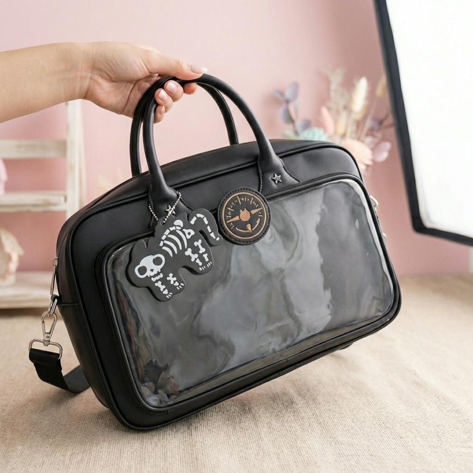 Black Kawaii Convertible Ita Bag with Clear Window for Pin Display Black Kawaii Convertible Ita Bag with Clear Window for Pin Display — ita bag detail view