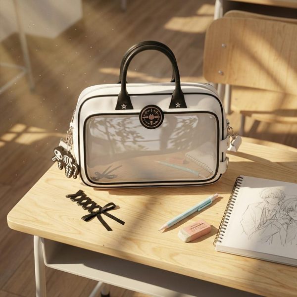 Black Kawaii Convertible Ita Bag with Clear Window for Pin Display — ita bag detail view