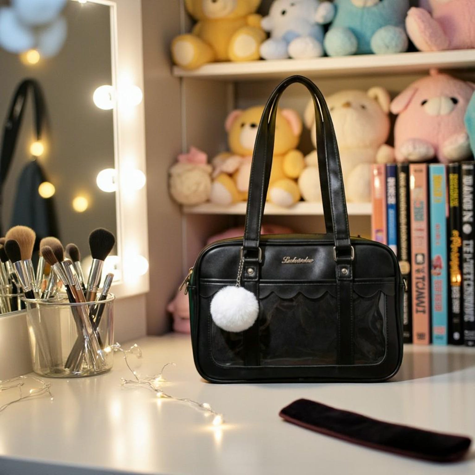 Black Kawaii Convertible Ita Bag with Clear Window for Pin Display Black Kawaii Convertible Ita Bag with Clear Window for Pin Display — ita bag detail view