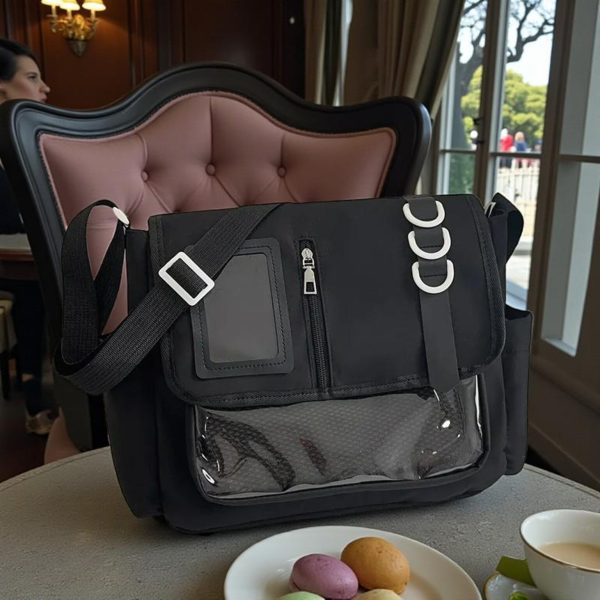 Black Kawaii Convertible Ita Bag with Clear Window for Pin Display — ita bag detail view
