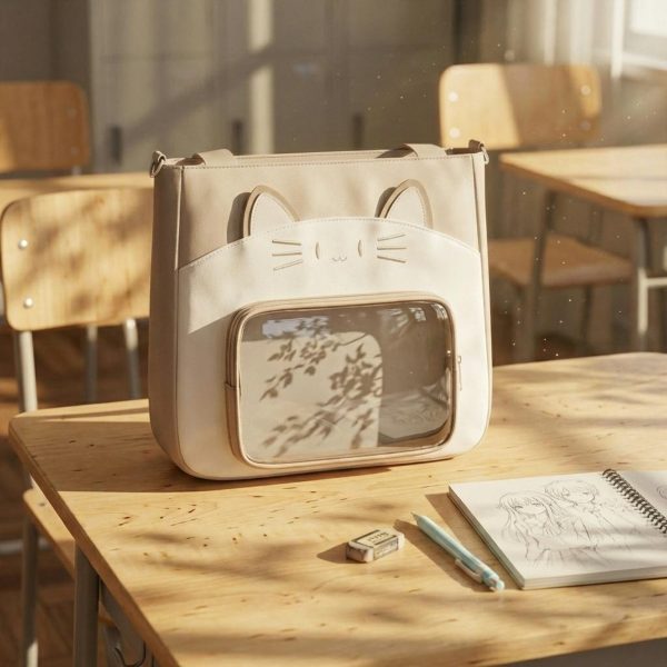 Black Kawaii Convertible Ita Bag with Clear Window for Pin Display — ita bag detail view