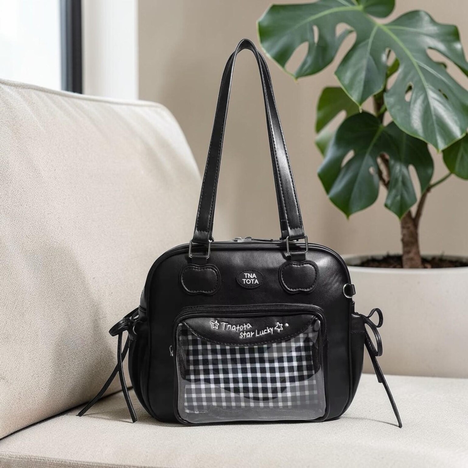 Black Kawaii Convertible Ita Bag with Clear Window for Pin Display Black Kawaii Convertible Ita Bag with Clear Window for Pin Display — ita bag detail view