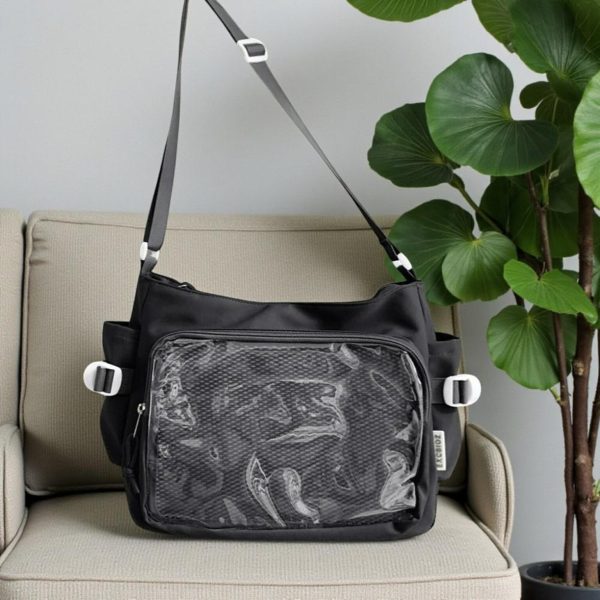 Black Kawaii Convertible Ita Bag with Clear Window for Pin Display — ita bag detail view