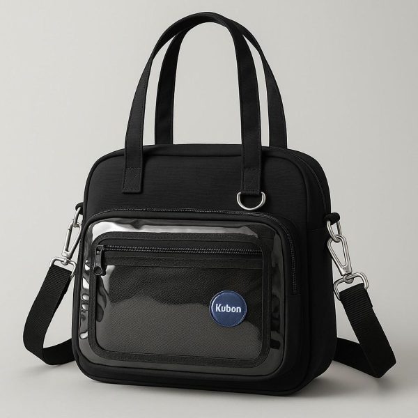 Black Kawaii Convertible Ita Bag with Clear Window for Pin Display — ita bag detail view