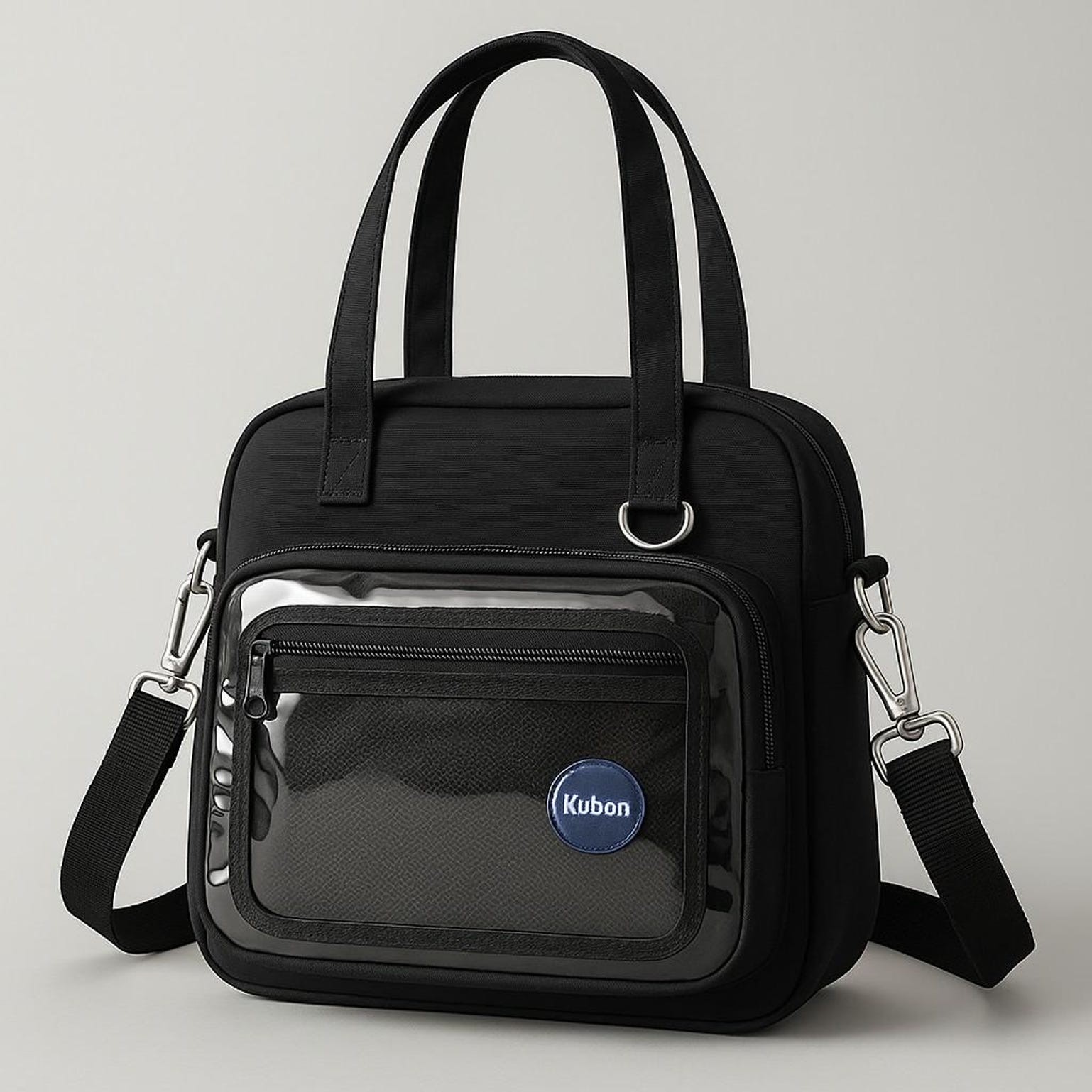 Black Kawaii Convertible Ita Bag with Clear Window for Pin Display Black Kawaii Convertible Ita Bag with Clear Window for Pin Display — ita bag detail view