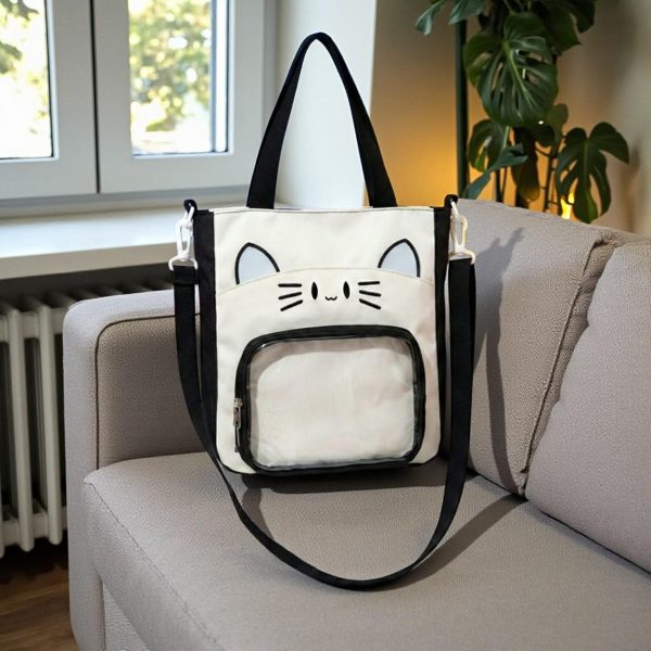 Black Kawaii Convertible Ita Bag with Clear Window for Pin Display — ita bag detail view