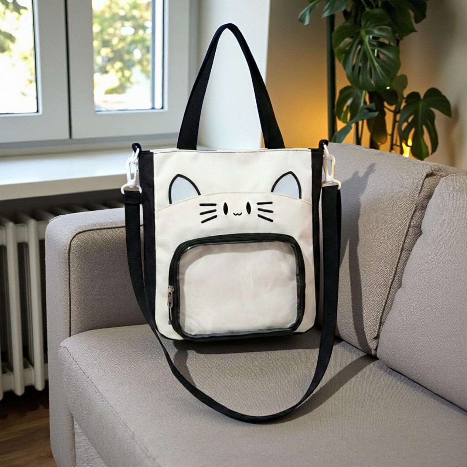 Black Kawaii Convertible Ita Bag with Clear Window for Pin Display Black Kawaii Convertible Ita Bag with Clear Window for Pin Display — ita bag detail view