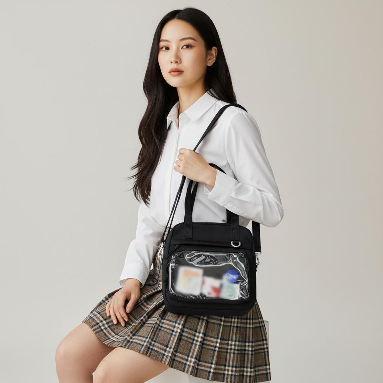 Black Kawaii Convertible Ita Bag with Clear Window for Pin Display Black Kawaii Convertible Ita Bag with Clear Window for Pin Display — ita bag detail view