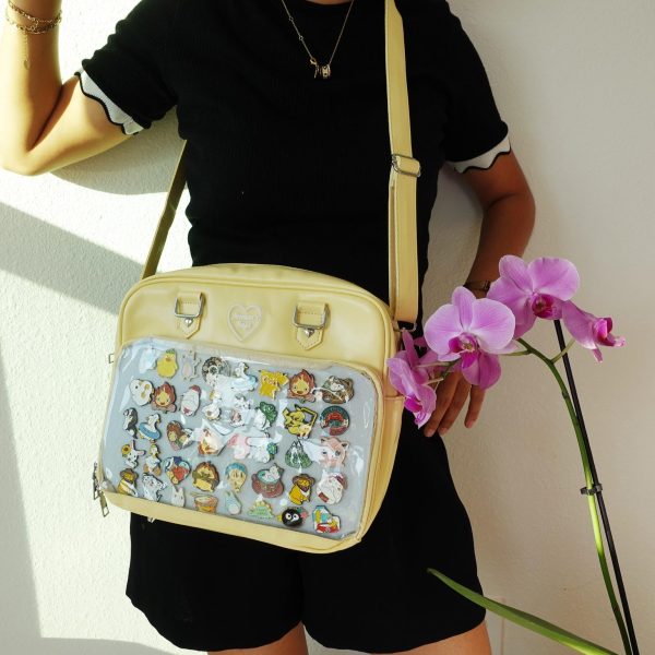 Black Kawaii Convertible Ita Bag with Clear Window for Pin Display — ita bag detail view