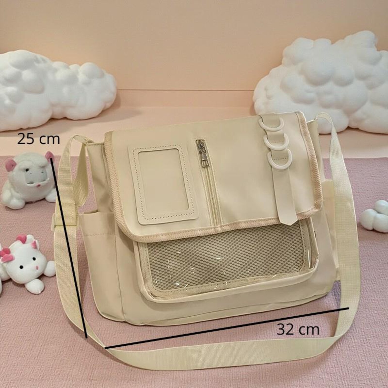 Black Kawaii Convertible Ita Bag with Clear Window for Pin Display Black Kawaii Convertible Ita Bag with Clear Window for Pin Display — ita bag detail view