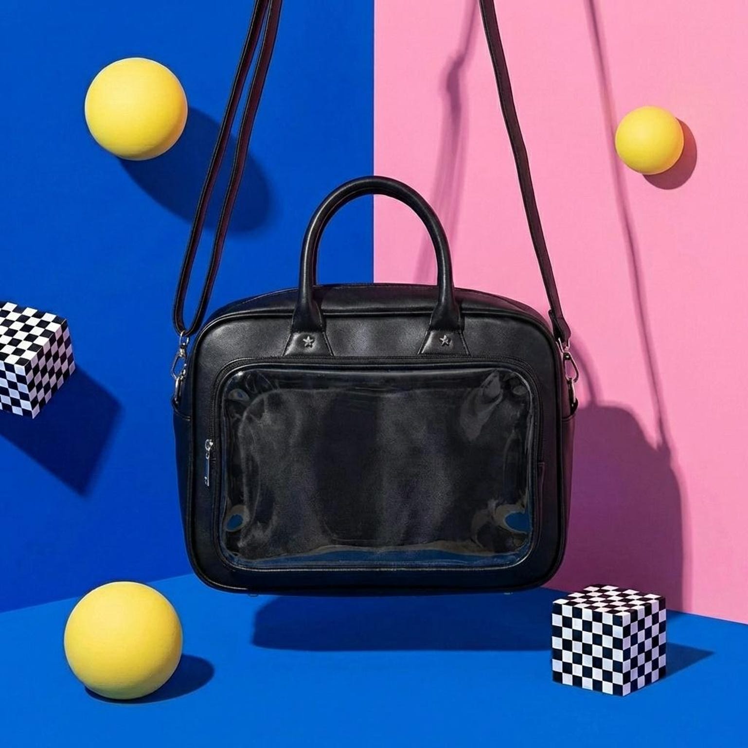 Black Kawaii Convertible Ita Bag with Clear Window for Pin Display Black Kawaii Convertible Ita Bag with Clear Window for Pin Display — ita bag with clear display window
