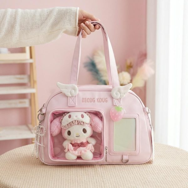 Black Kawaii Convertible Ita Bag with Clear Window for Pin Display — ita bag detail view