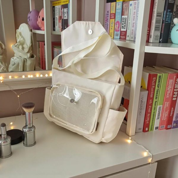 Black Kawaii Convertible Ita Bag with Clear Window for Pin Display — ita bag detail view