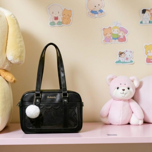 Black Kawaii Convertible Ita Bag with Clear Window for Pin Display — ita bag detail view