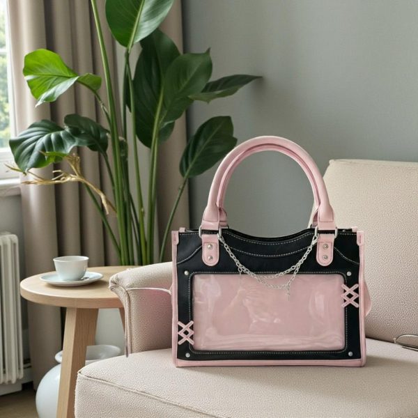 Black Kawaii Convertible Ita Bag with Clear Window for Pin Display — ita bag detail view