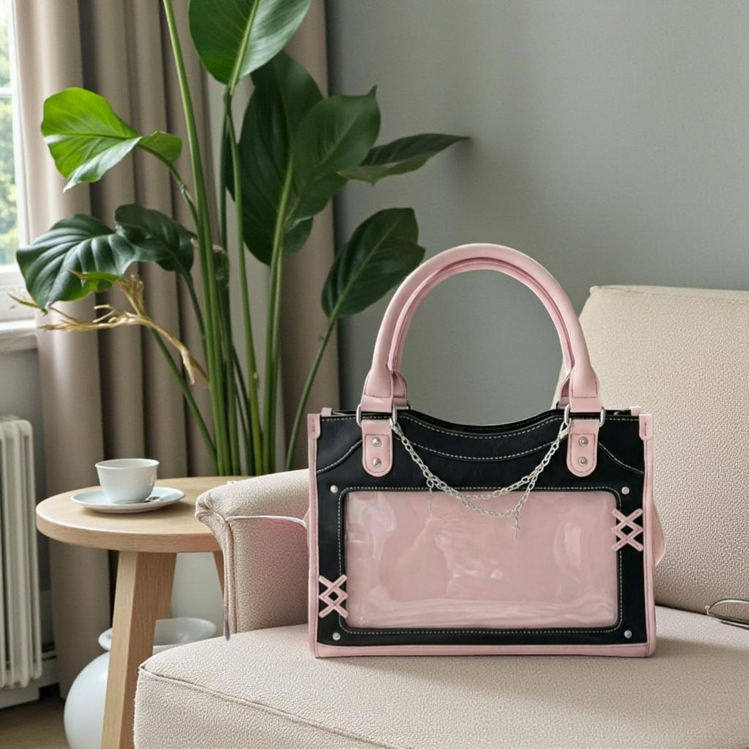 Black Kawaii Convertible Ita Bag with Clear Window for Pin Display Black Kawaii Convertible Ita Bag with Clear Window for Pin Display — ita bag detail view