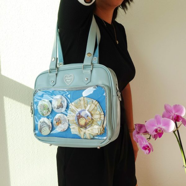 Black Kawaii Convertible Ita Bag with Clear Window for Pin Display — ita bag detail view