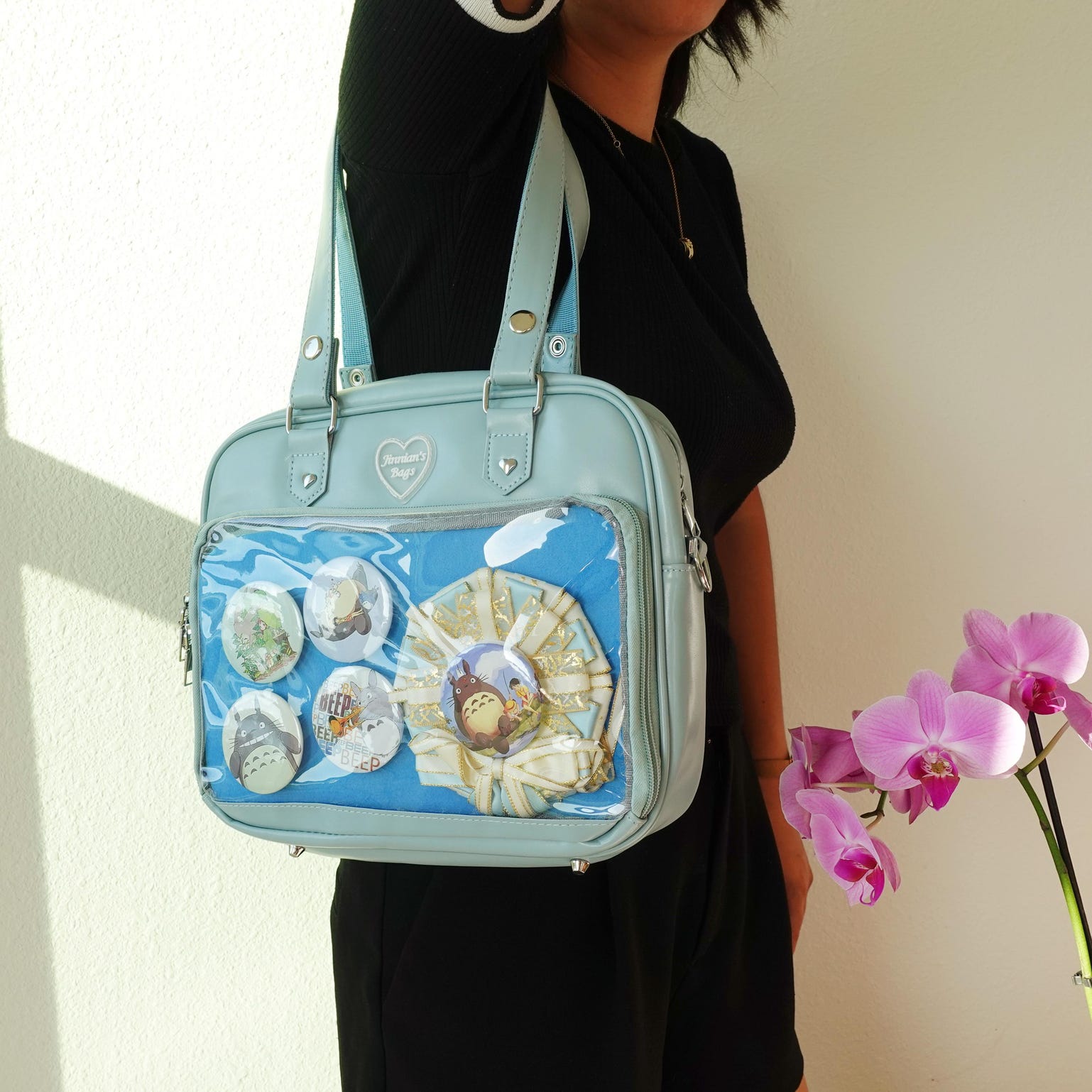 Black Kawaii Convertible Ita Bag with Clear Window for Pin Display Black Kawaii Convertible Ita Bag with Clear Window for Pin Display — ita bag detail view