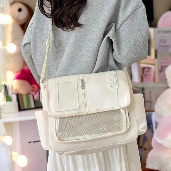 Black Kawaii Convertible Ita Bag with Clear Window for Pin Display — ita bag detail view