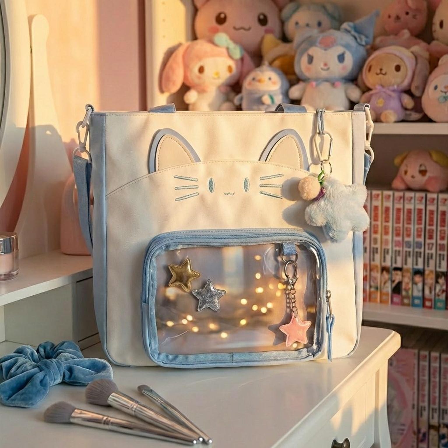 Black Kawaii Convertible Ita Bag with Clear Window for Pin Display Black Kawaii Convertible Ita Bag with Clear Window for Pin Display — ita bag detail view