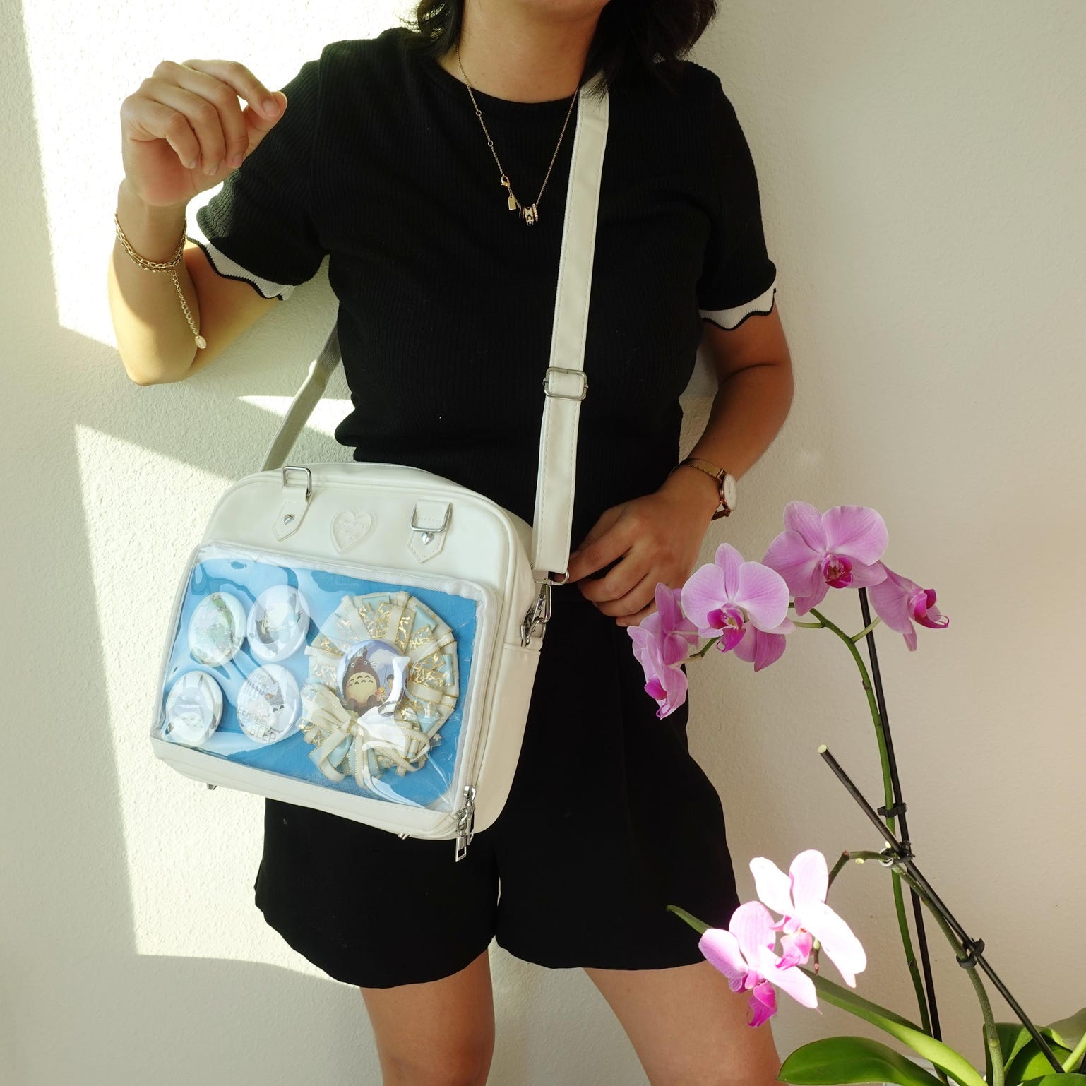 Black Kawaii Convertible Ita Bag with Clear Window for Pin Display Black Kawaii Convertible Ita Bag with Clear Window for Pin Display — ita bag detail view