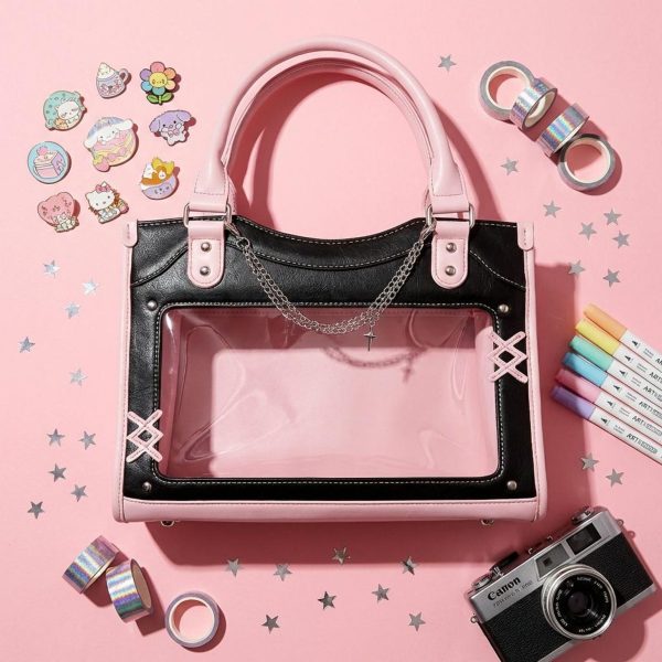 Black Kawaii Convertible Ita Bag with Clear Window for Pin Display — ita bag with clear display window