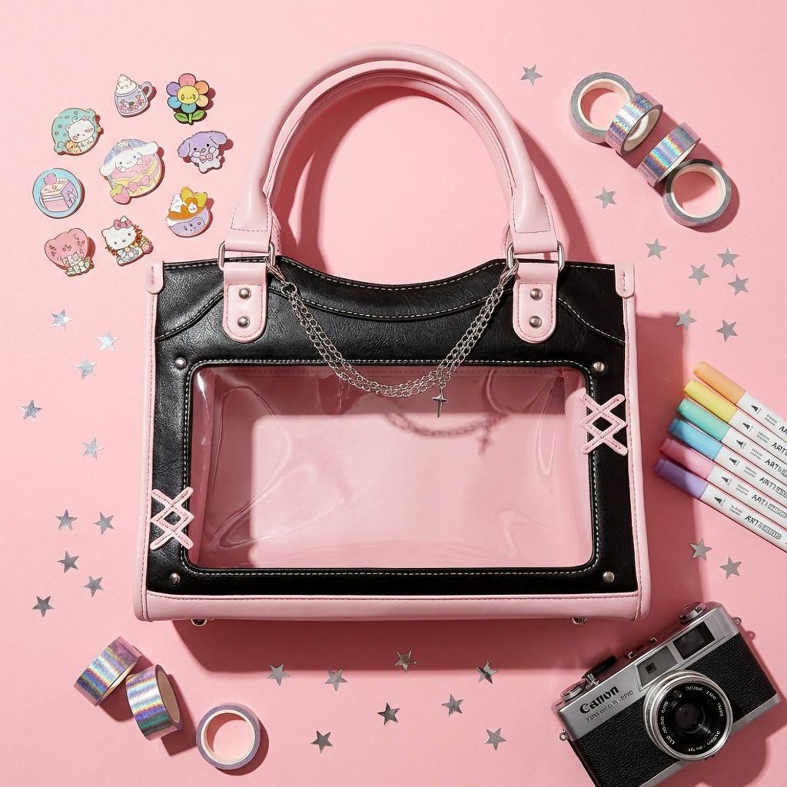 Black Kawaii Convertible Ita Bag with Clear Window for Pin Display Black Kawaii Convertible Ita Bag with Clear Window for Pin Display — ita bag with clear display window