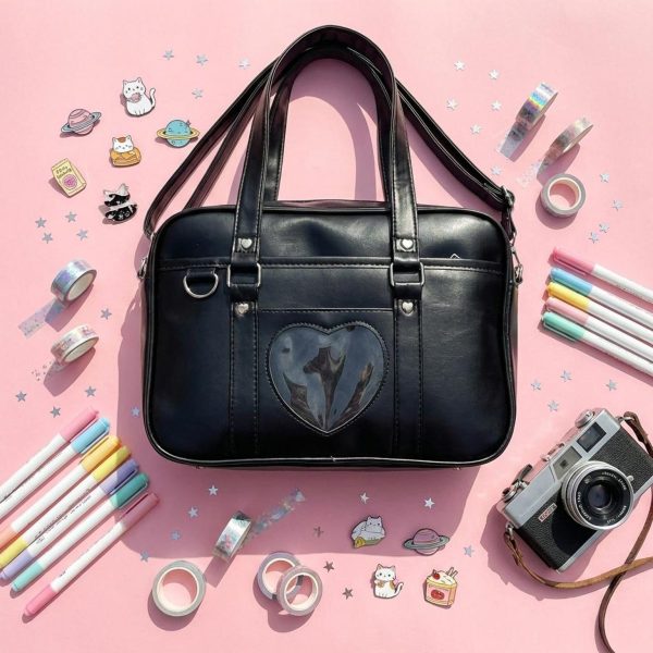 Black Kawaii Convertible Ita Bag with Clear Window for Pin Display — ita bag with clear display window