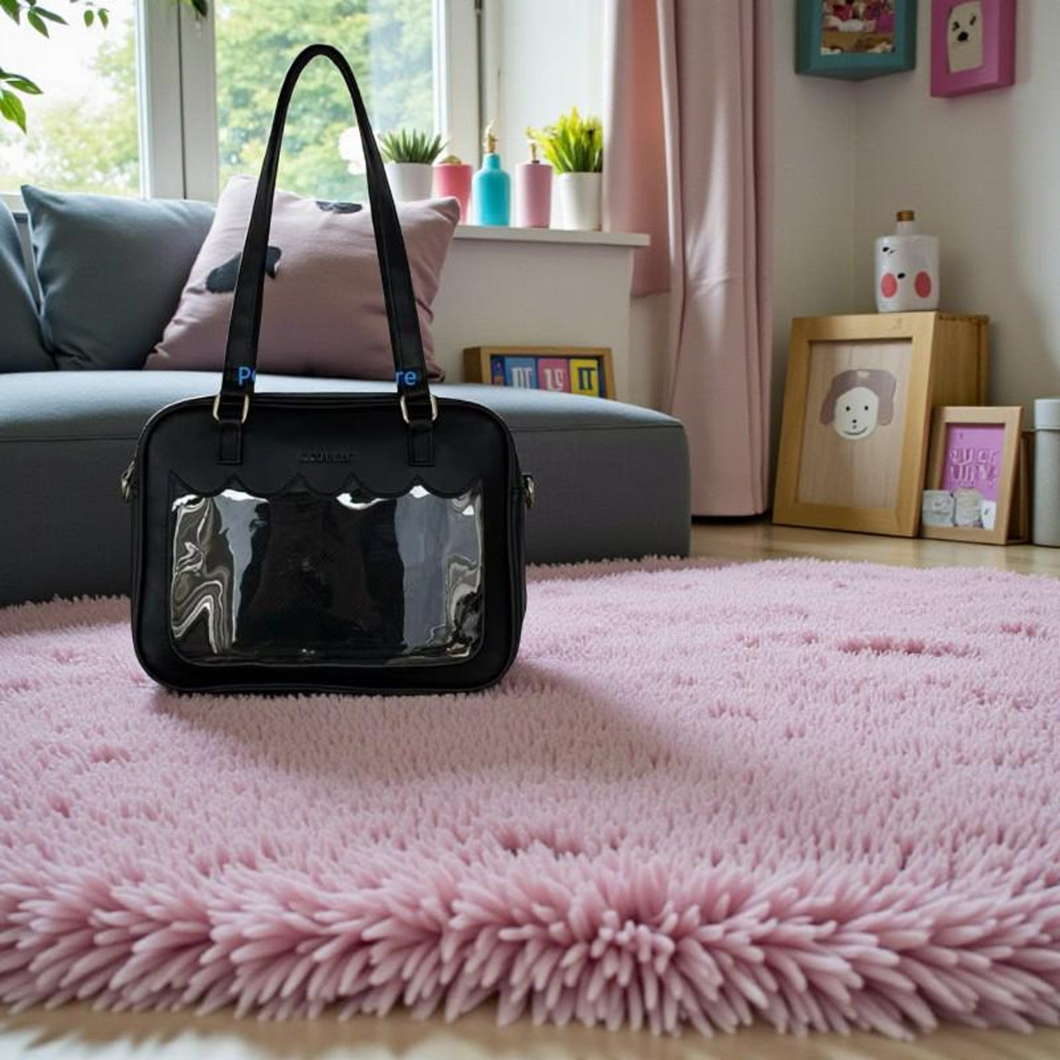 Black Kawaii Convertible Ita Bag with Clear Window for Pin Display Black Kawaii Convertible Ita Bag with Clear Window for Pin Display — ita bag detail view