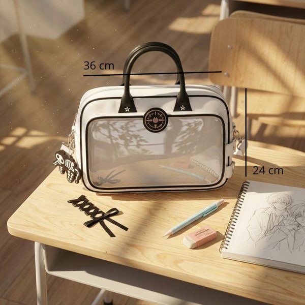 Black Kawaii Convertible Ita Bag with Clear Window for Pin Display — ita bag detail view