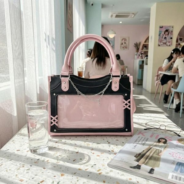 Black Kawaii Convertible Ita Bag with Clear Window for Pin Display — ita bag detail view